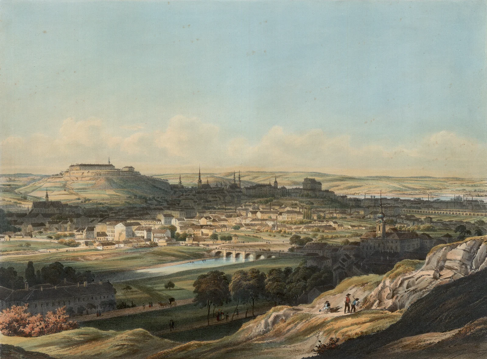 Brünn um 1850, kolorierte Lithographie von Franz Xaver Sandmann (geboren im Geburtsjahr Böhm-Bawerks)